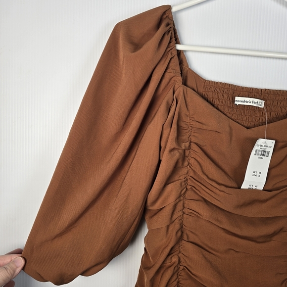 NWT Abercrombie & Fitch Womwn's Ruched Mini Dress Puff Elbow Sleeve Cognac SizeS - Picture 7 of 14